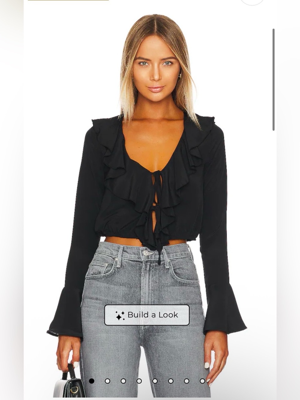 Revolve More to Come Denise Ruffle Tie Top Black Bell Sleeve Crop Blouse Size S